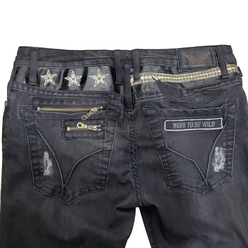 Rare Robin's Jean Born to be Wild Jeans Sz 32 Distressed Embroidery Grunge Rock
